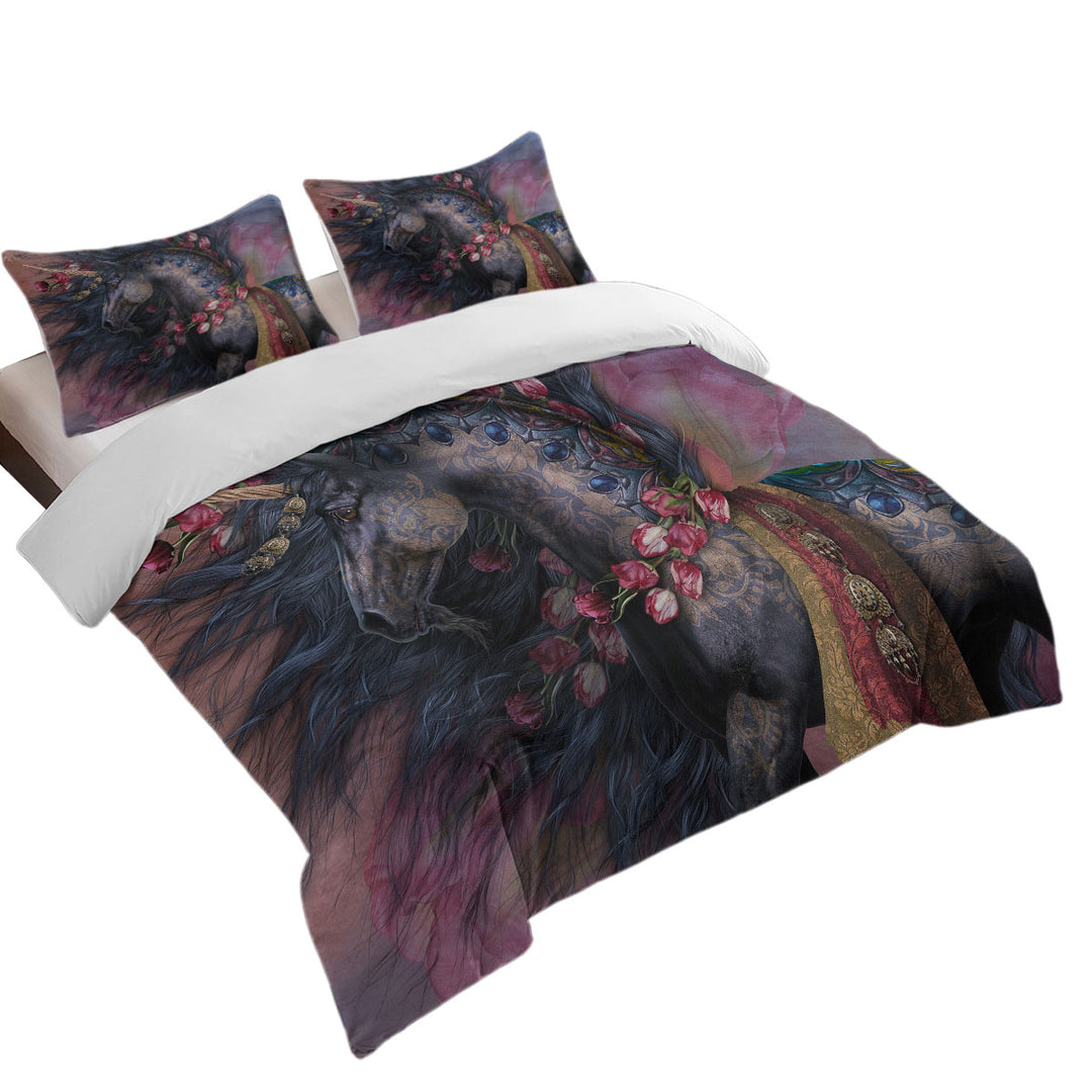 Raaf Black Oriental Unicorn and Roses California King Duvet Cover