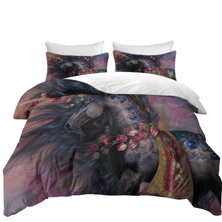 Raaf Black Oriental Unicorn and Roses Duvet Cover