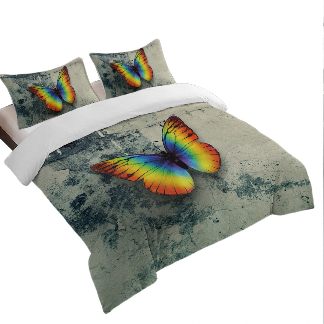 Rainbow Butterfly Over Concrete Queen Size Duvet Cover