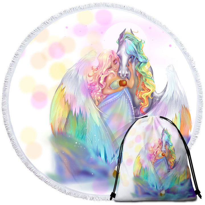 Rainbows Starlight Pegasus and Princess Round Beach Towels for Girls