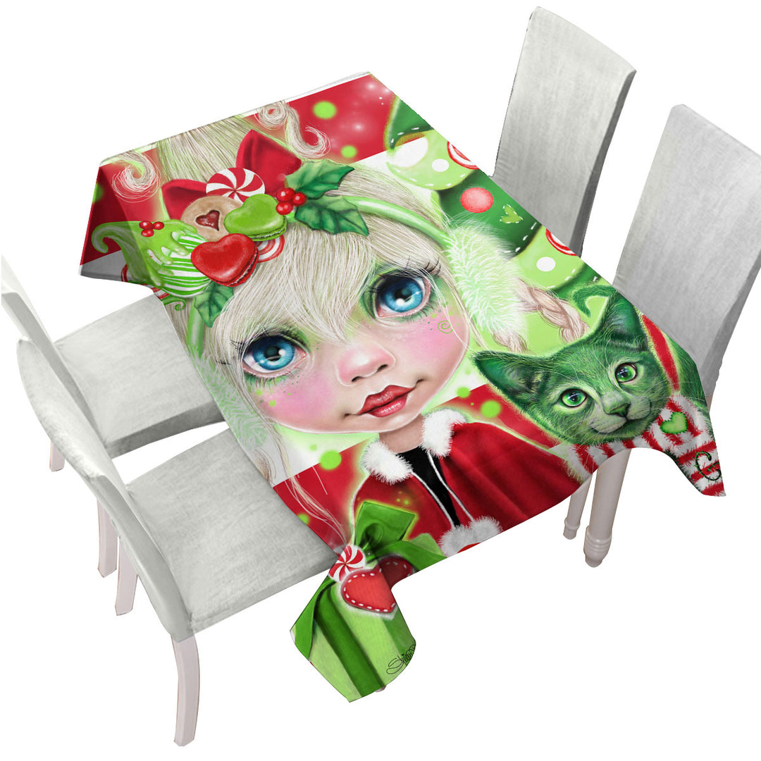 Red Green Christmas Cindy Girl and Kitty Cat Table Cover