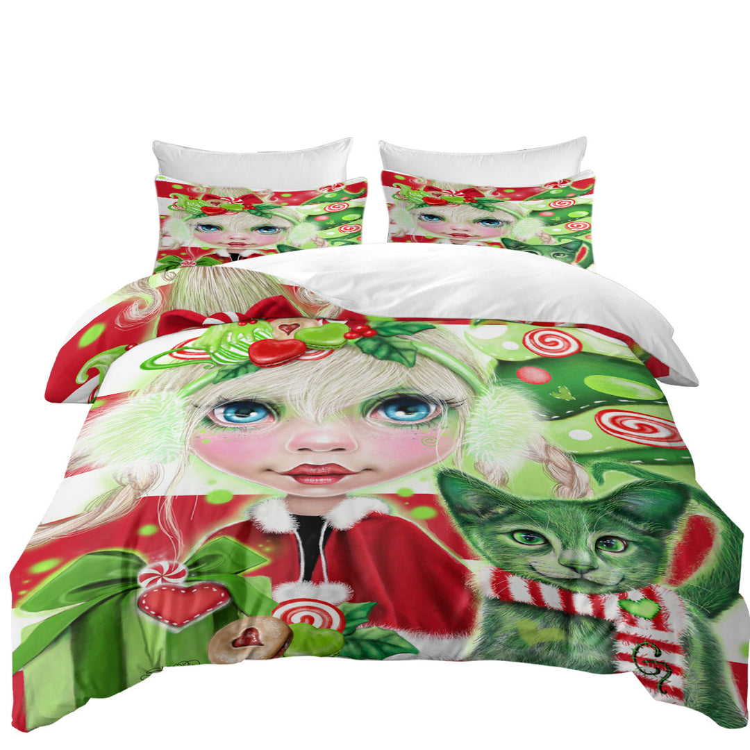 Red Green Christmas Cindy Girl and Kitty Cat full Size Duvet Cover