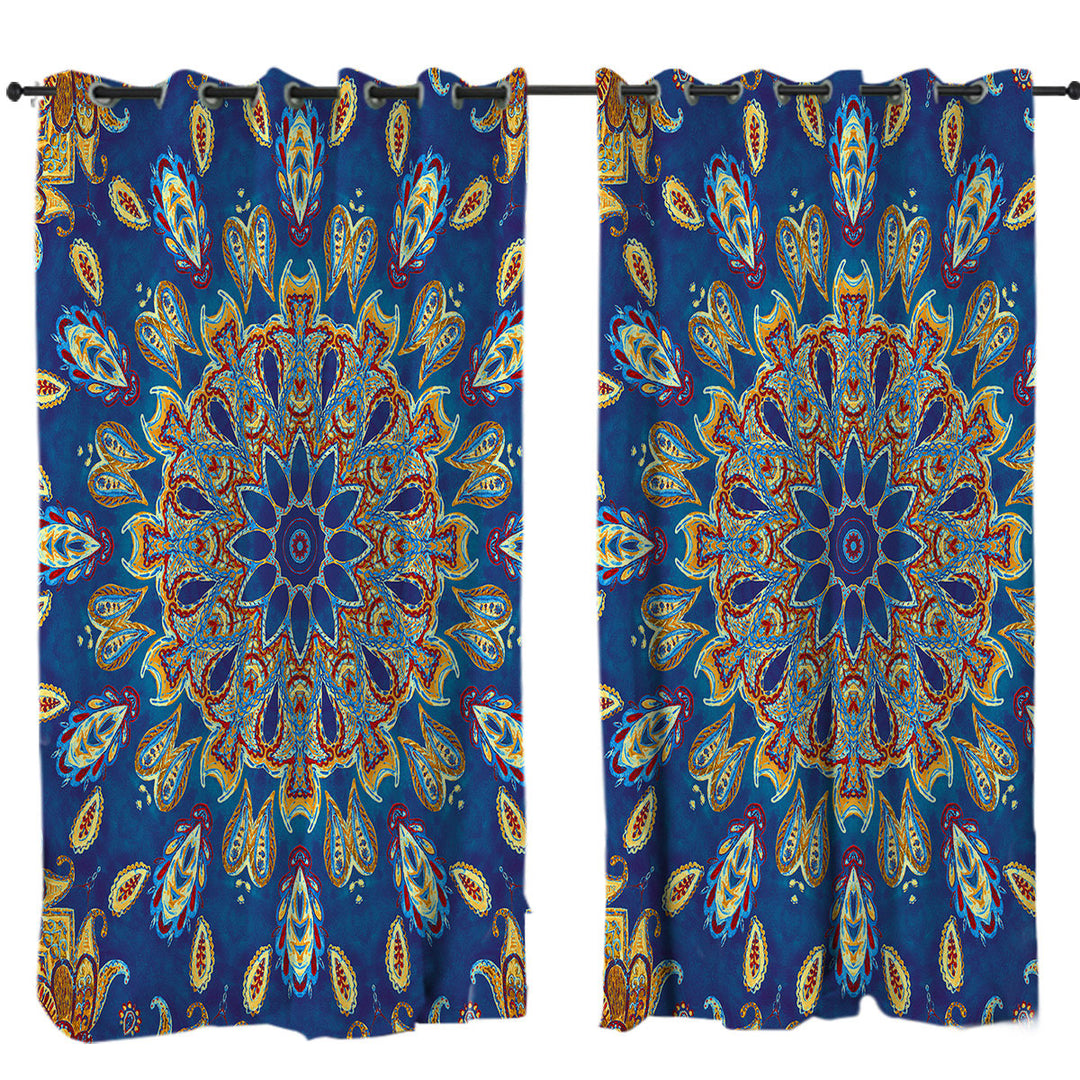 Red Yellow Blue Oriental Paisley Mandala Curtains