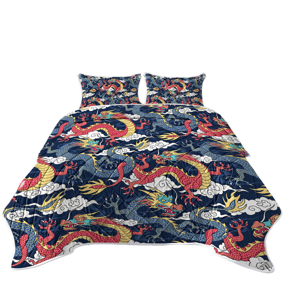 Red and Blue Chinese Dragons California King Quilt Sets