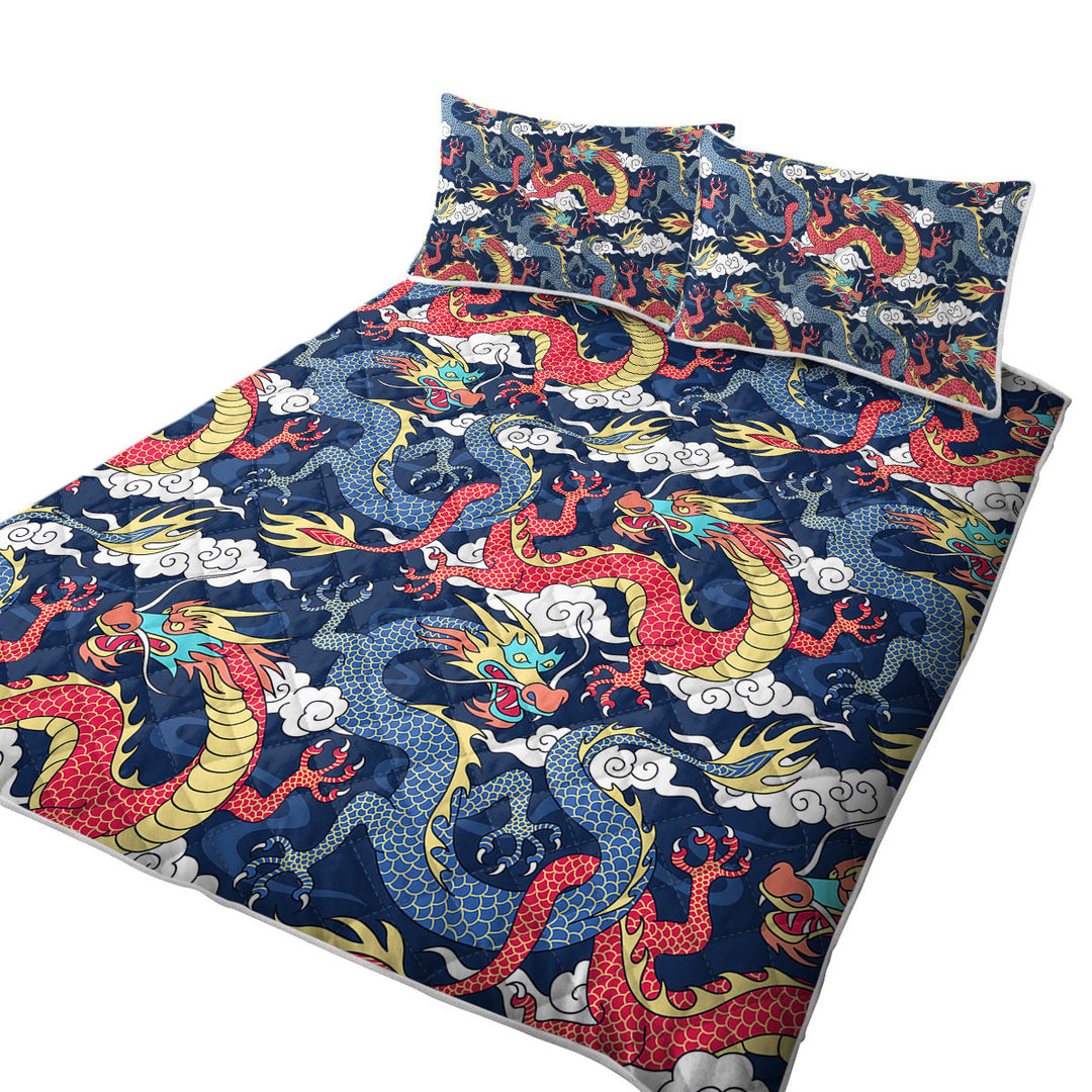 Red and Blue Chinese Dragons King Size Quilt Sets