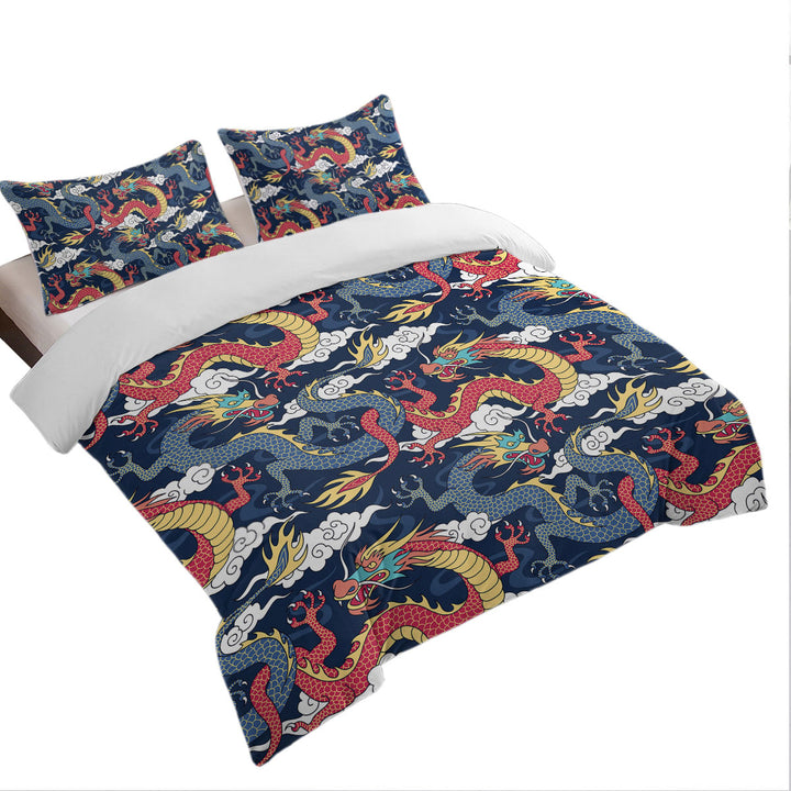 Red and Blue Chinese Dragons Twin Duvet Covers