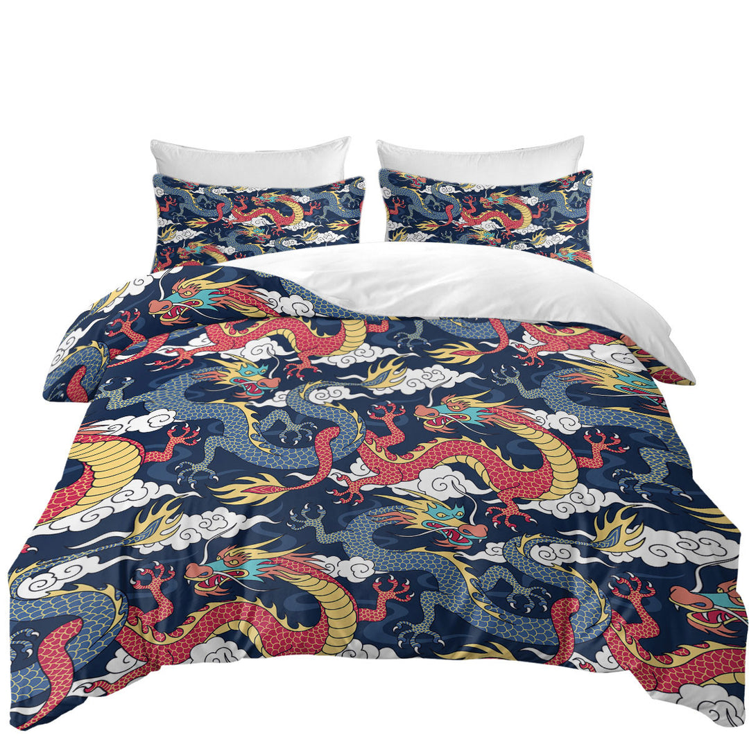 Red and Blue Chinese Dragons Twin xl Duvet Covers