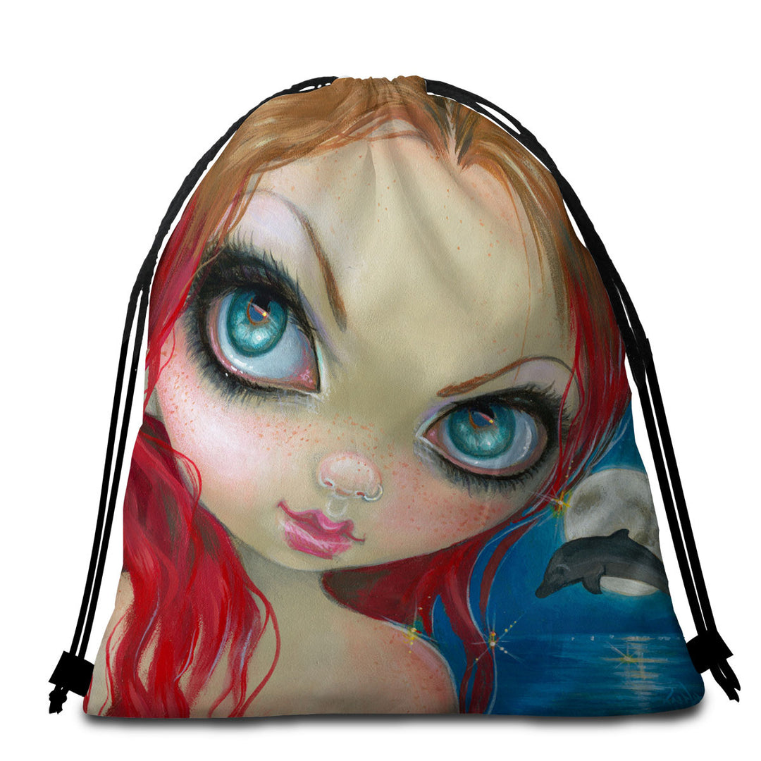 Redhead Microfibre Beach Towels Faces of Faery _222 Cool Redhead Girl and Dolphin