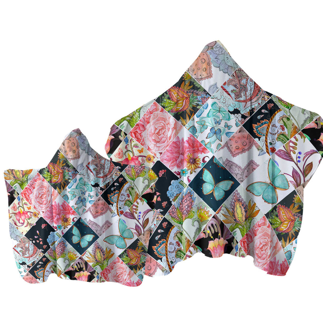 Rhombuses of Flowers and Butterflies Hooded Beach Towel