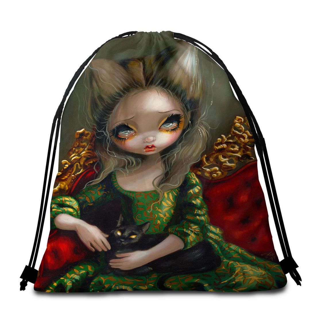 Rococo Beach Towel Bags Portrait style Princess with a Black Cat