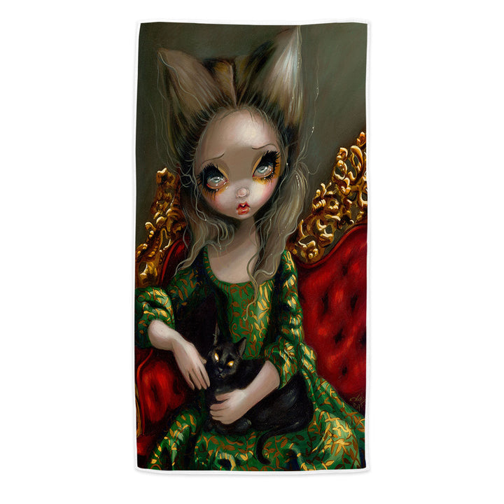 Rococo Beach Towels Portrait style Princess with a Black Cat