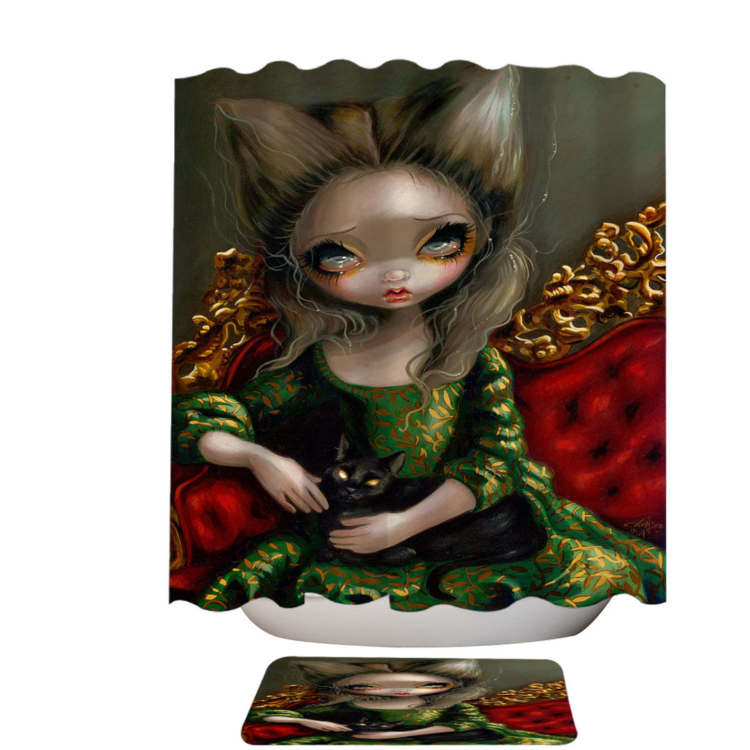 Rococo Decorative Shower Curtains Portrait style Princess with a Black Cat