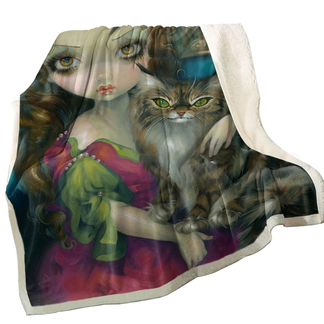 Rococo Portrait Princess With a Maine Coon Cat Fleece Blankets