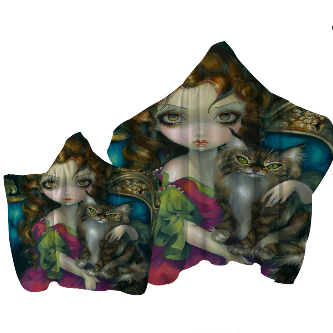 Rococo Portrait Princess With a Maine Coon Cat Hooded Beach Towel