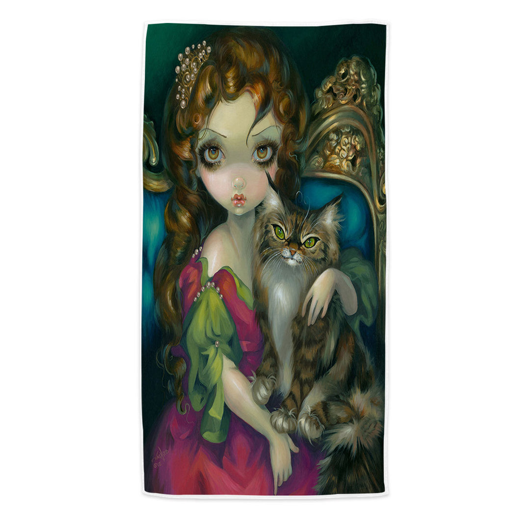 Rococo Portrait Princess With a Maine Coon Cat Microfiber Beach Towel