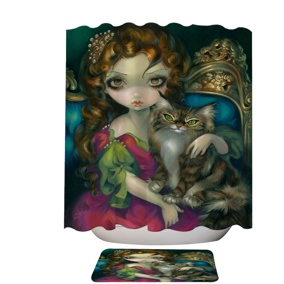 Rococo Portrait Princess With a Maine Coon Cat Shower Curtain