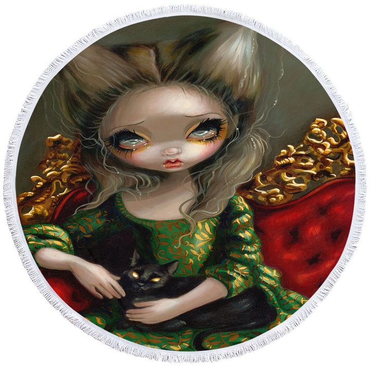 Rococo Round Towel Portrait style Princess with a Black Cat