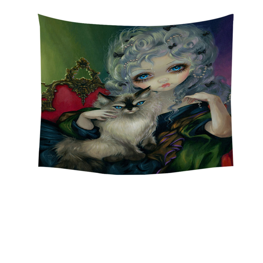 Rococo Style Wall Decor Tapestry Prints Portrait Princess with a Ragdoll Cat