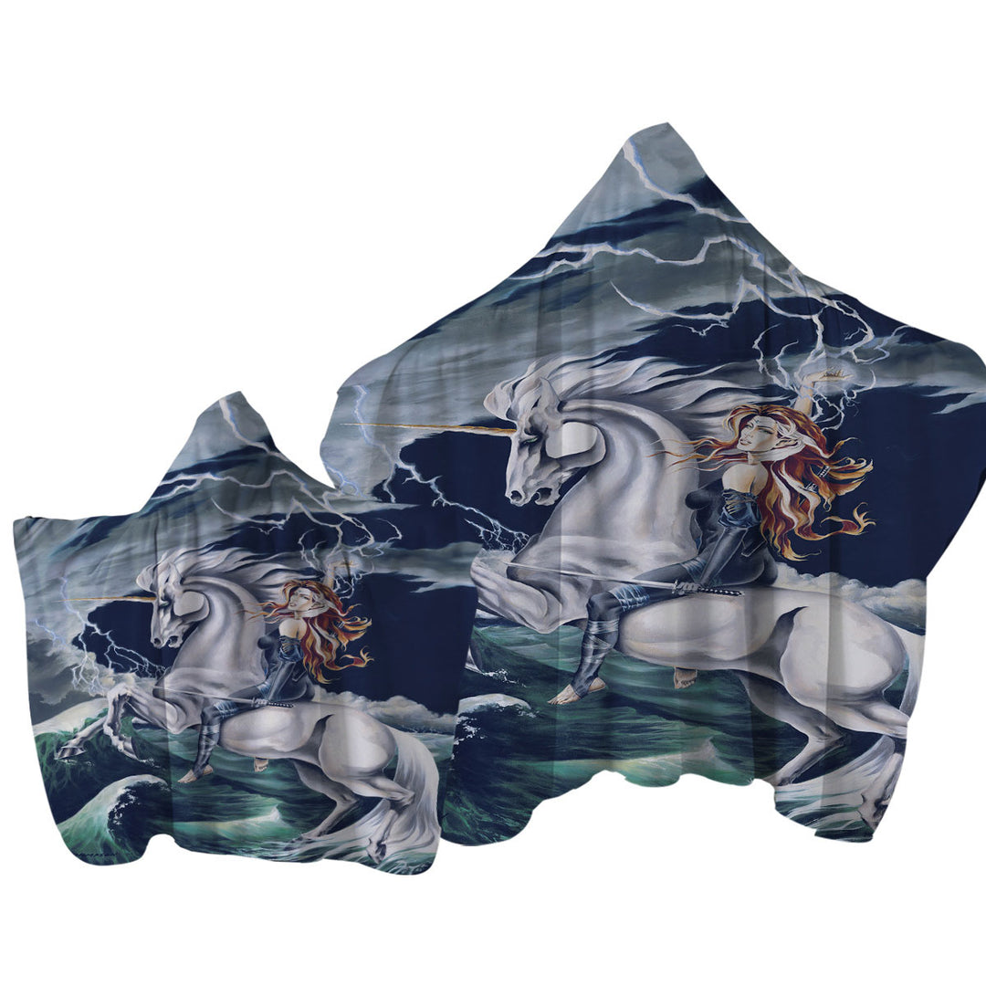 Rolling Thunder Ocean Unicorn and Female Warrior Towel with Hood