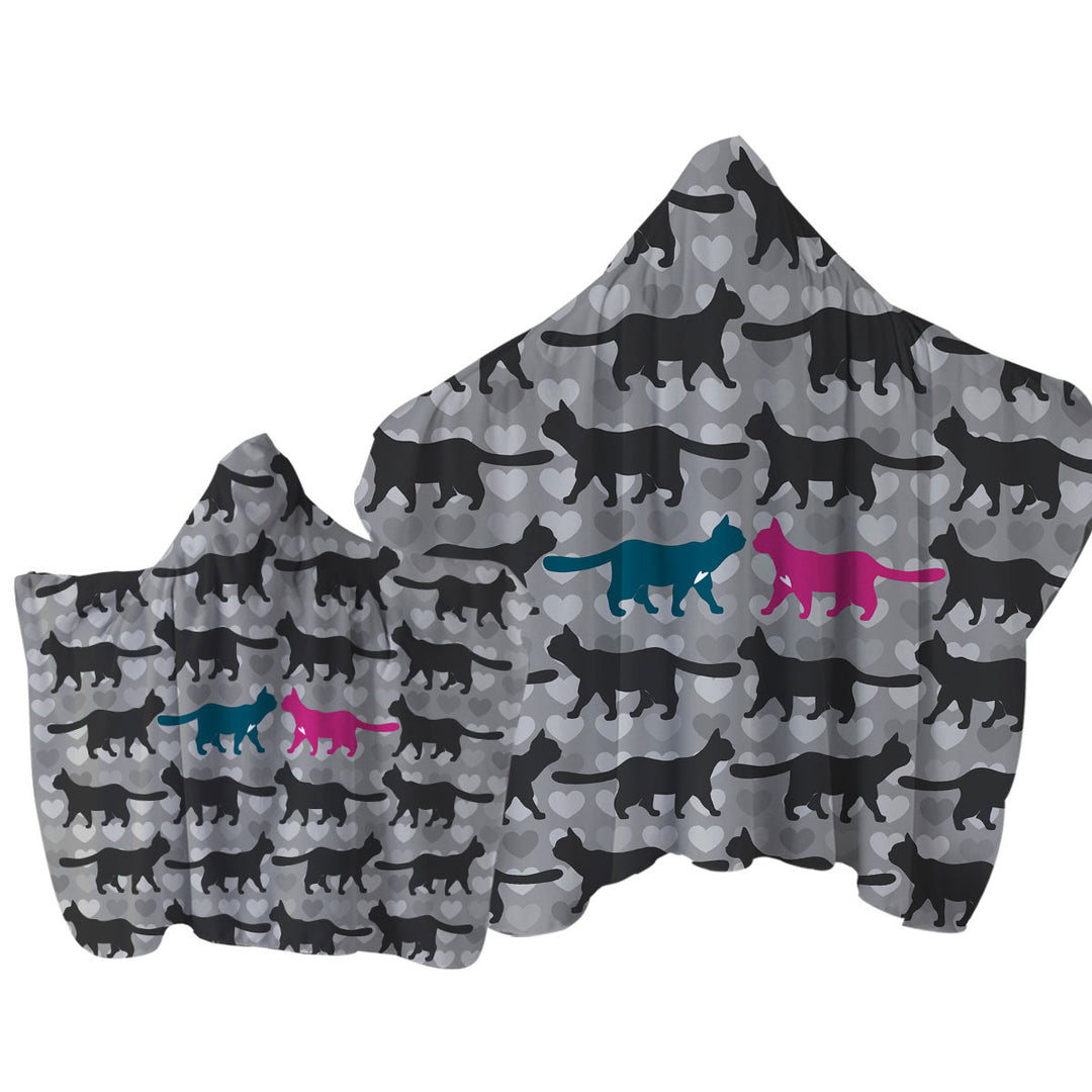 Romantic Cats Hearts and Cat Silhouettes Towel with Hood