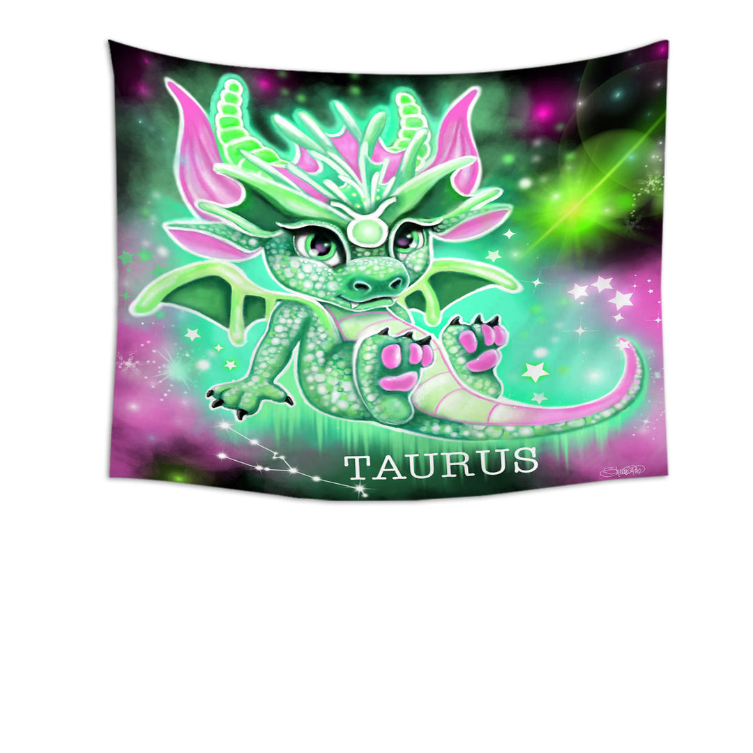 Room Decor Tapestry Gift Ideas for Kids Green Sparkling Taurus Lil Dragon