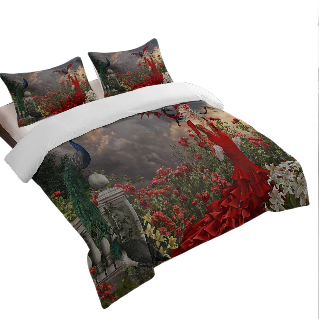 Roses Garden Peacocks Dragon and Beautiful Red Dressed Woman Duvet Covers