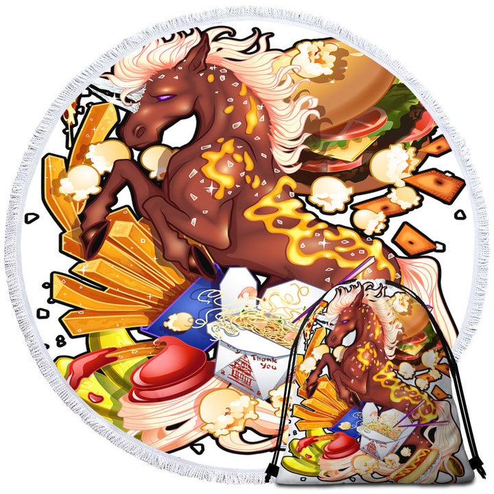 Round Beach Towel Junk Food Fast Food Funny Unicorn