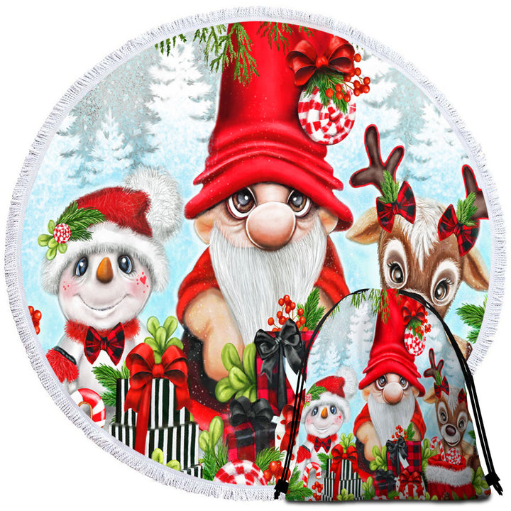 Round Beach Towel for Christmas Gnome Snowman and Reindeer