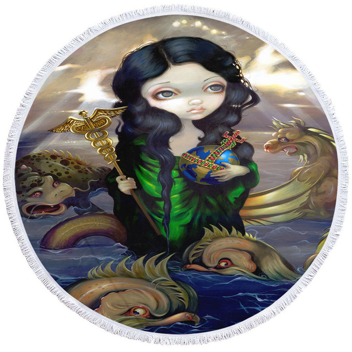 Round Beach Towel of Alchemical Seas Sea Maiden and Monsters Spirits