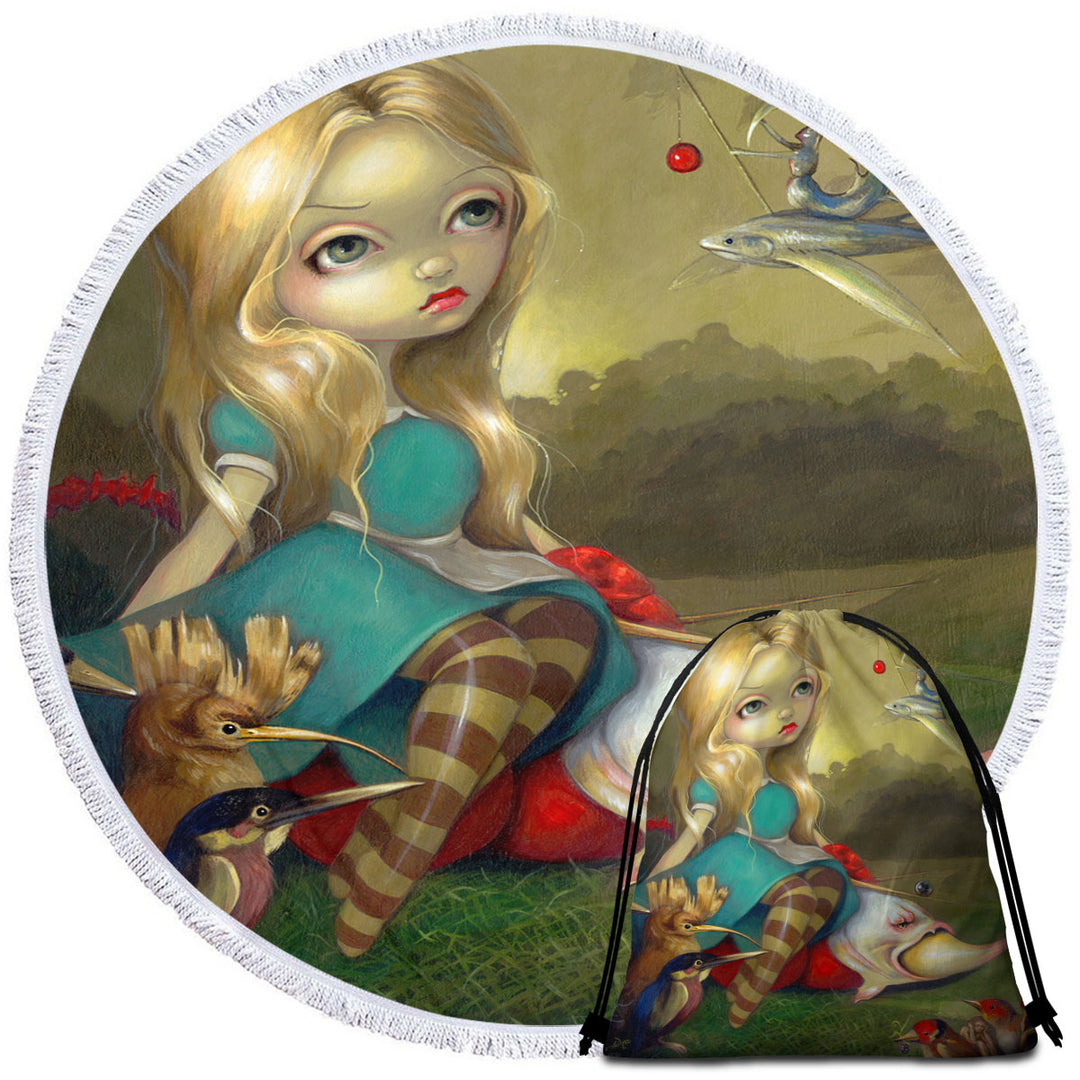 Round Beach Towel of Alice and the Bosch Birds