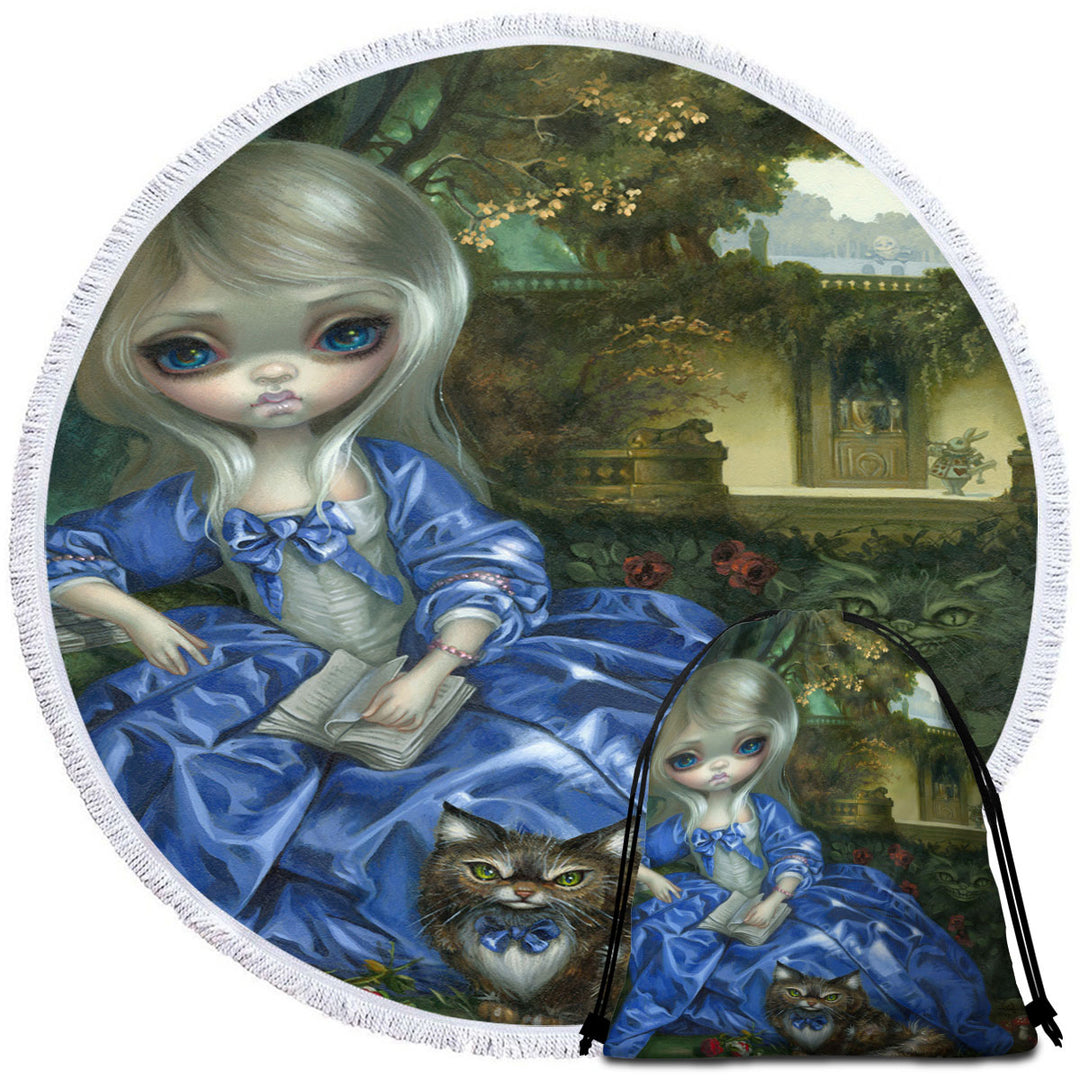 Round Beach Towel with Alice and Cat Fairytale Daydreaming Wonderland