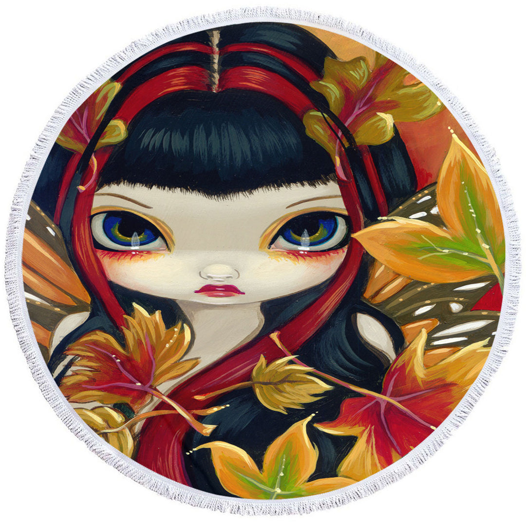 Round Beach Towel with Autumn Leaves Big Eyed Winged Girl