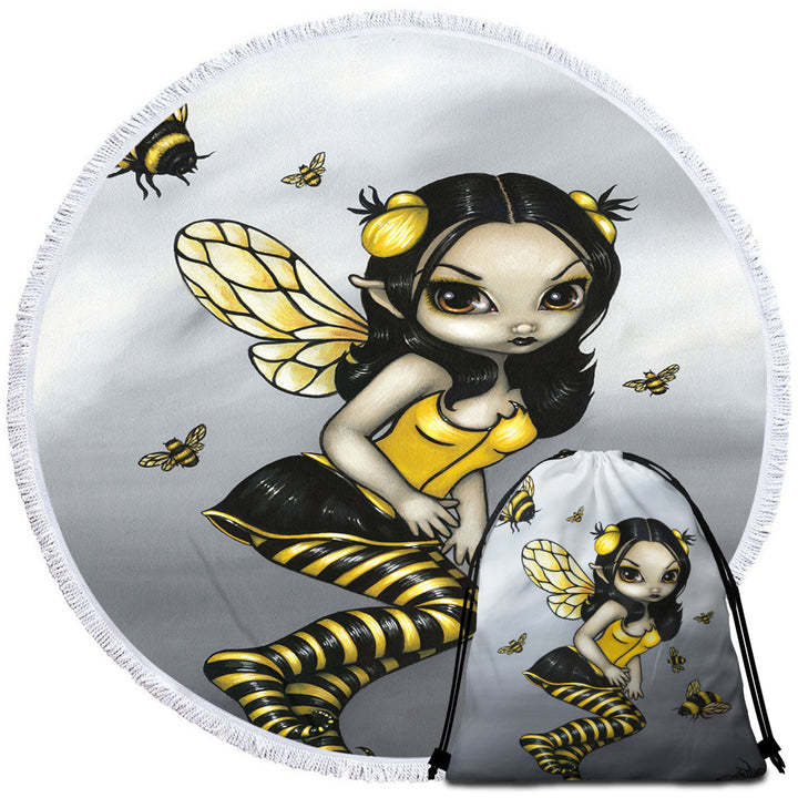 Round Beach Towel with Bees and Bumblebee Fairy