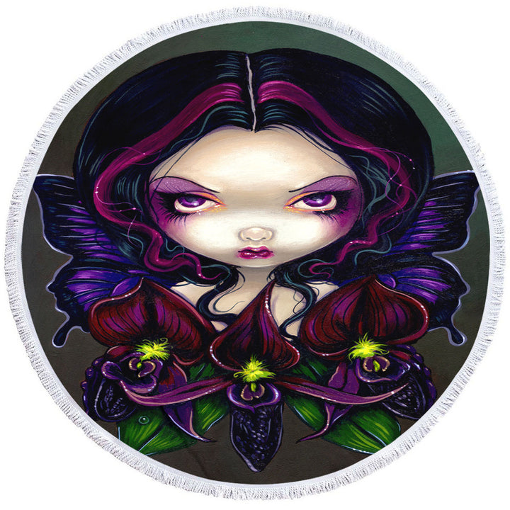 Round Beach Towel with Black Orchid Fairy