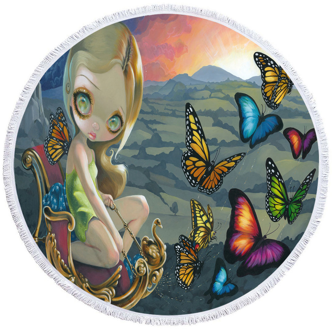 Round Beach Towel with Fantasy Beautiful Fairy and Butterfly Chariot