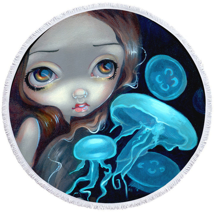 Round Beach Towel with Jellyfish Portal Underwater Fantasy Mermaid