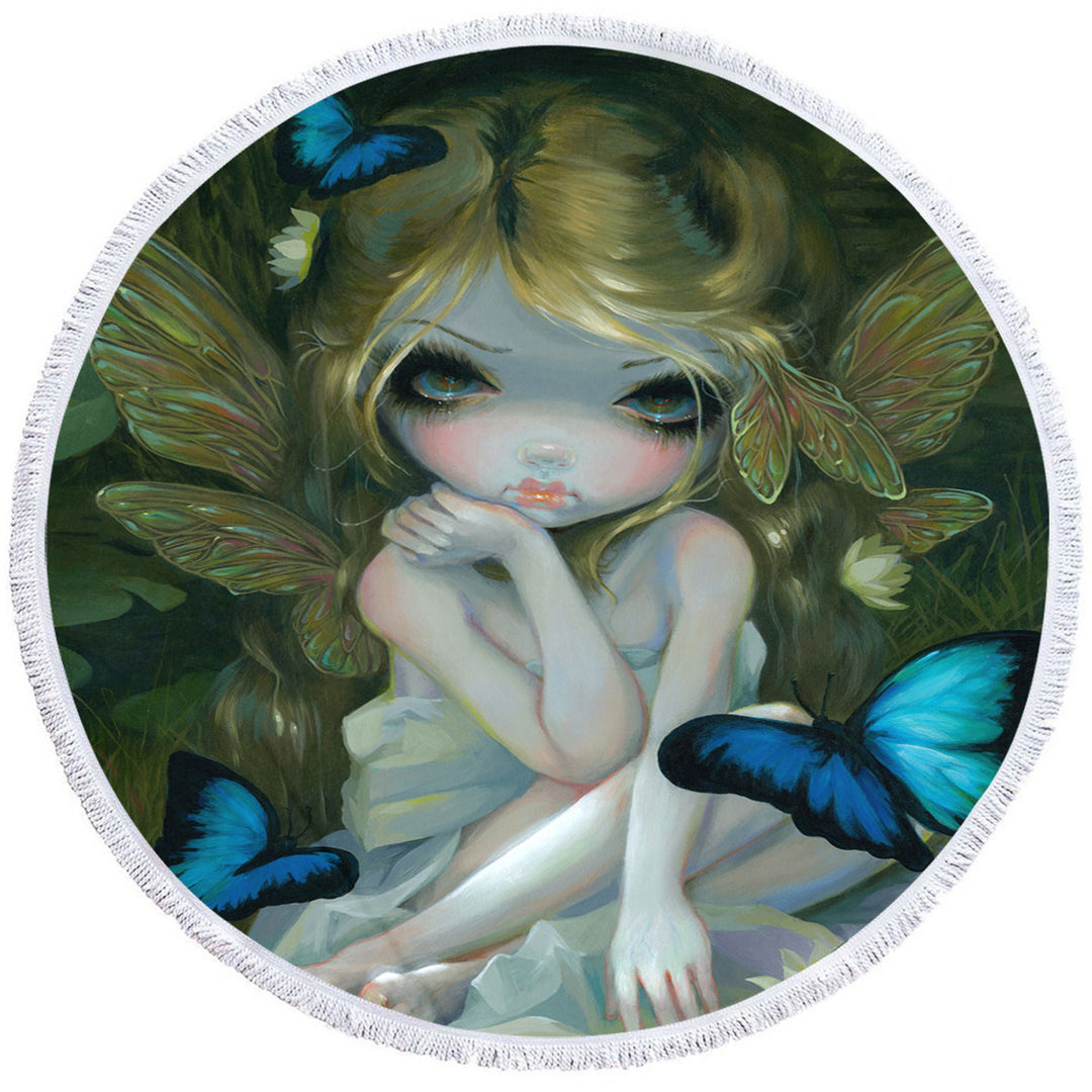 Round Beach Towel with Morpho Butterflies and Lily the Forest Fairy