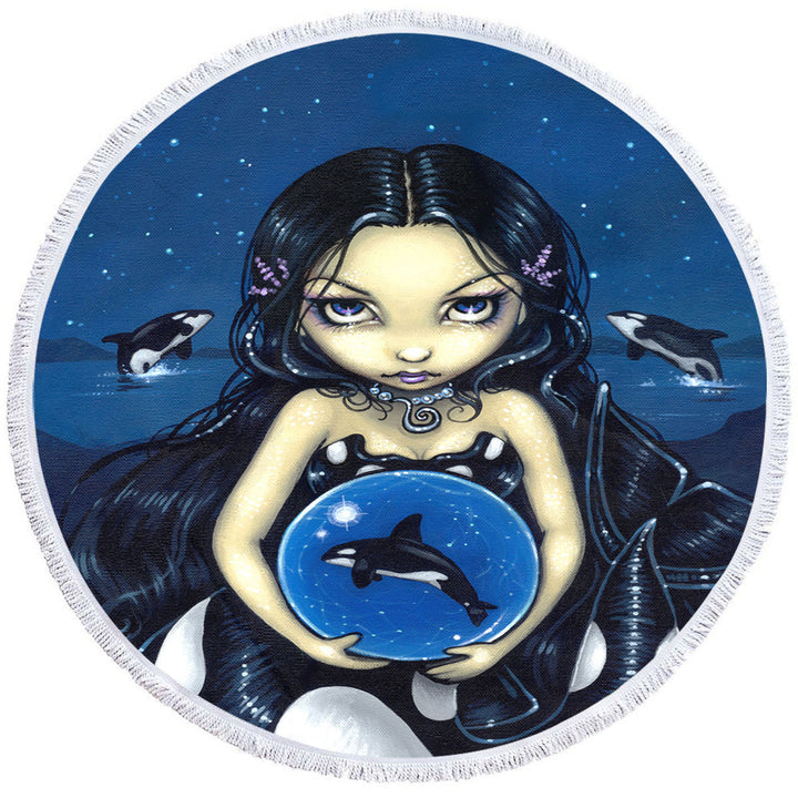 Round Beach Towel with Orca Magic Killer Whale Tail Mermaid