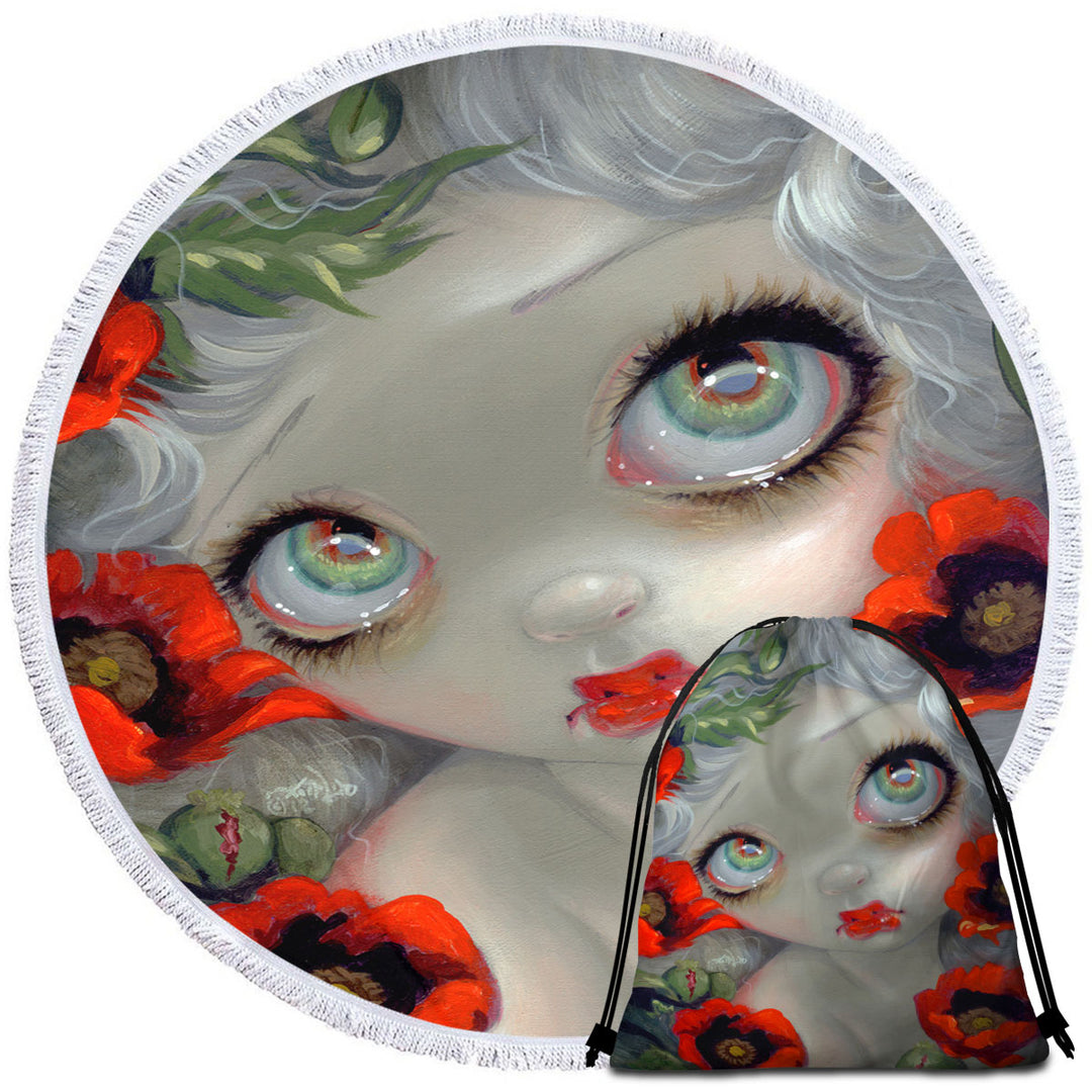 Round Beach Towel with Poisonous Beauties Opium Poppy Girl and Flowers