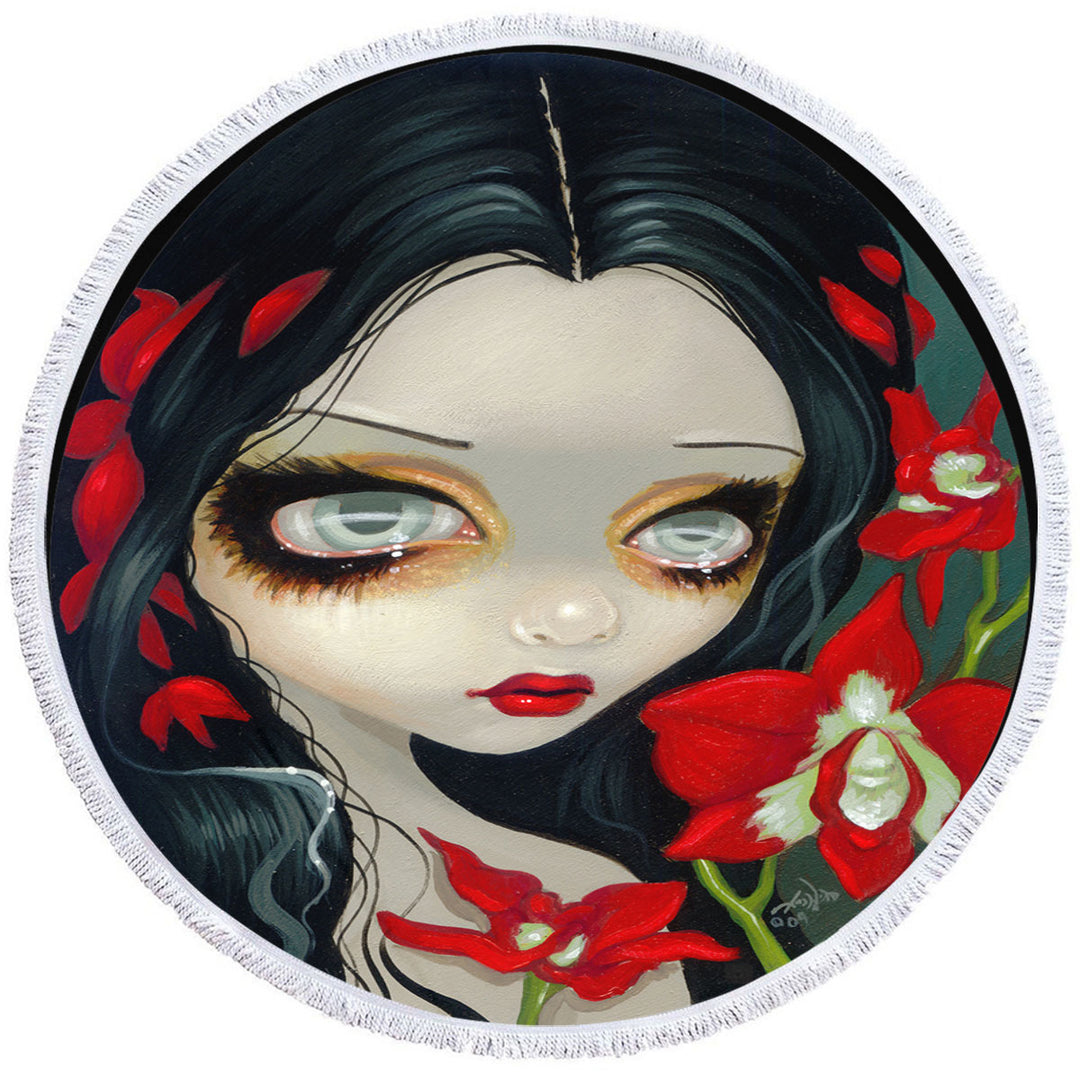 Round Beach Towel with Red Blood Orchid Maiden Girl