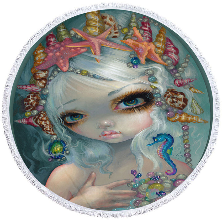 Round Beach Towel with Seashell Princess Beautiful Doe Eyed Mermaid