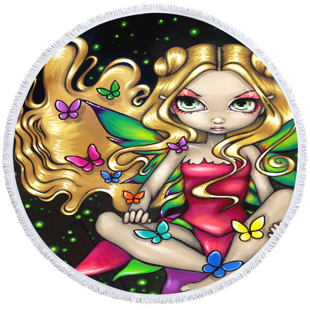 Round Towel of Girls Colorful Painting Butterfly Princess