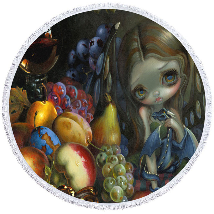 Round Towel with Fruit Dragonling Little Fairy and Her Baby Dragon