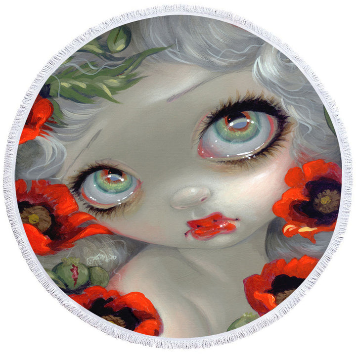 Round Towel with Poisonous Beauties Opium Poppy Girl and Flowers