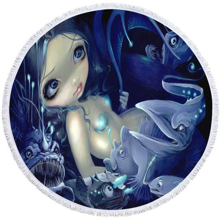 Round Towel with Scary Underwater Art Fish and Mermaid