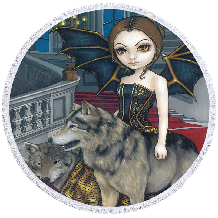 Round Towel with Wolf Manor Elegant Fairy Walking in the Mansion