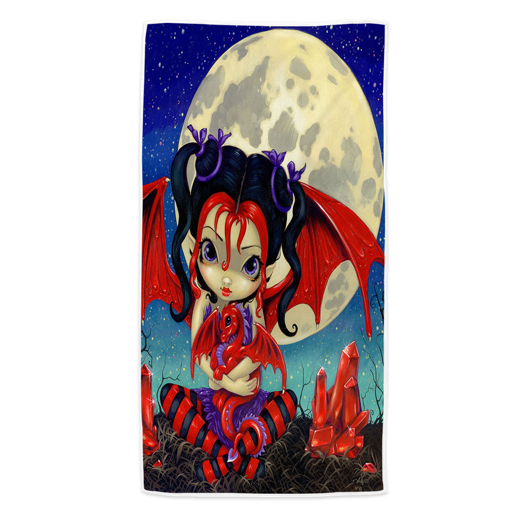 Ruby Moon Beach Towels Cute Fairy and Her Baby Red Dragon