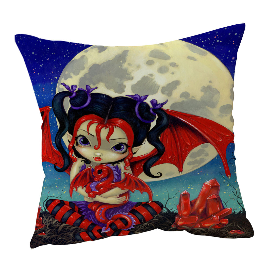 Ruby Moon Cushion Cover Cute Fairy and Her Baby Red Dragon