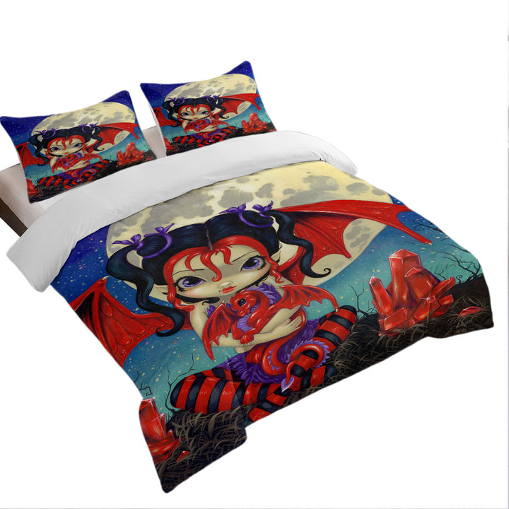 Ruby Moon Cute Fairy and Her Baby Red Dragon Duvet Covers