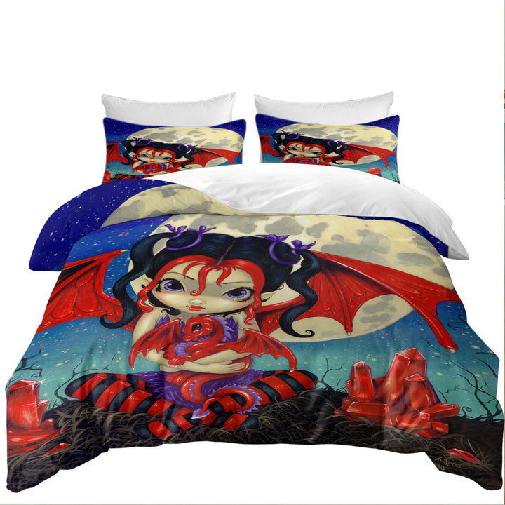 Ruby Moon Cute Fairy and Her Baby Red Dragon Oversized King Duvet Cover